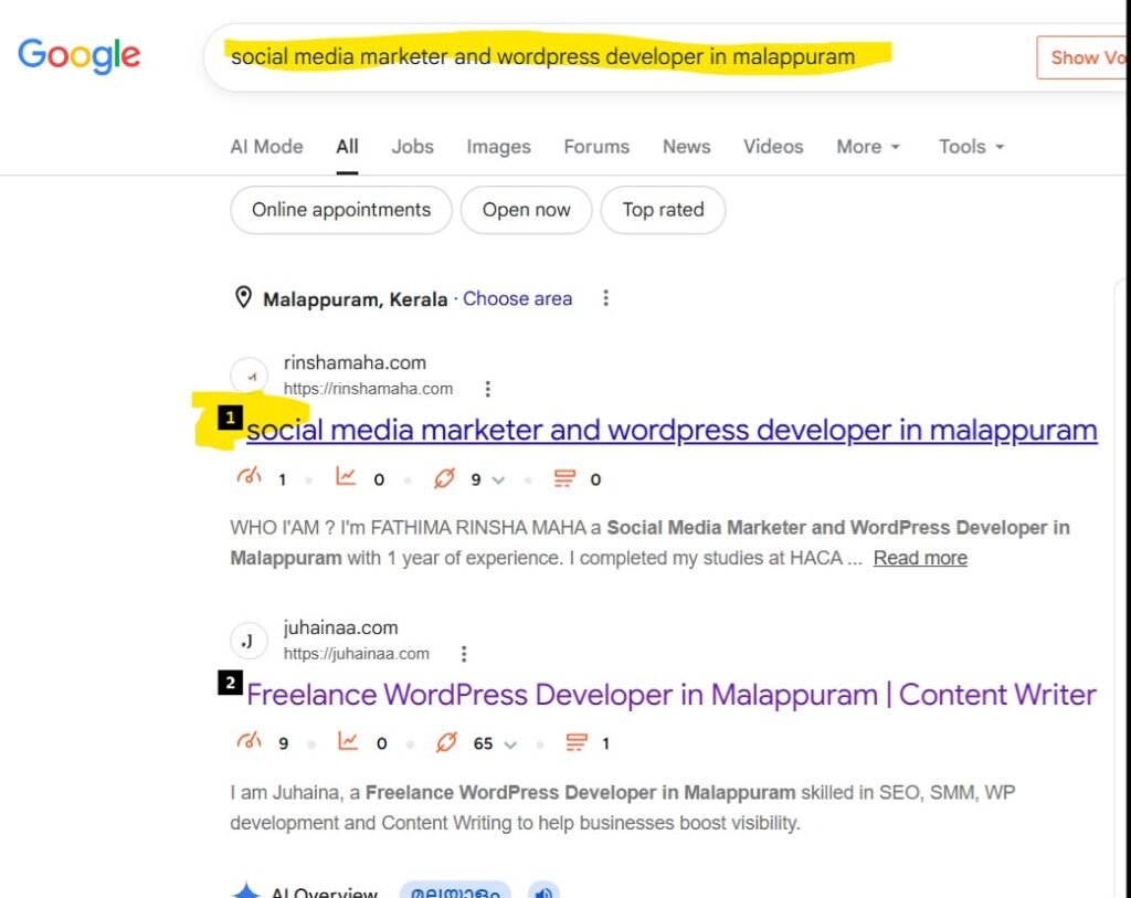 fathima rinsha maha ranked her on website first position of the google serp