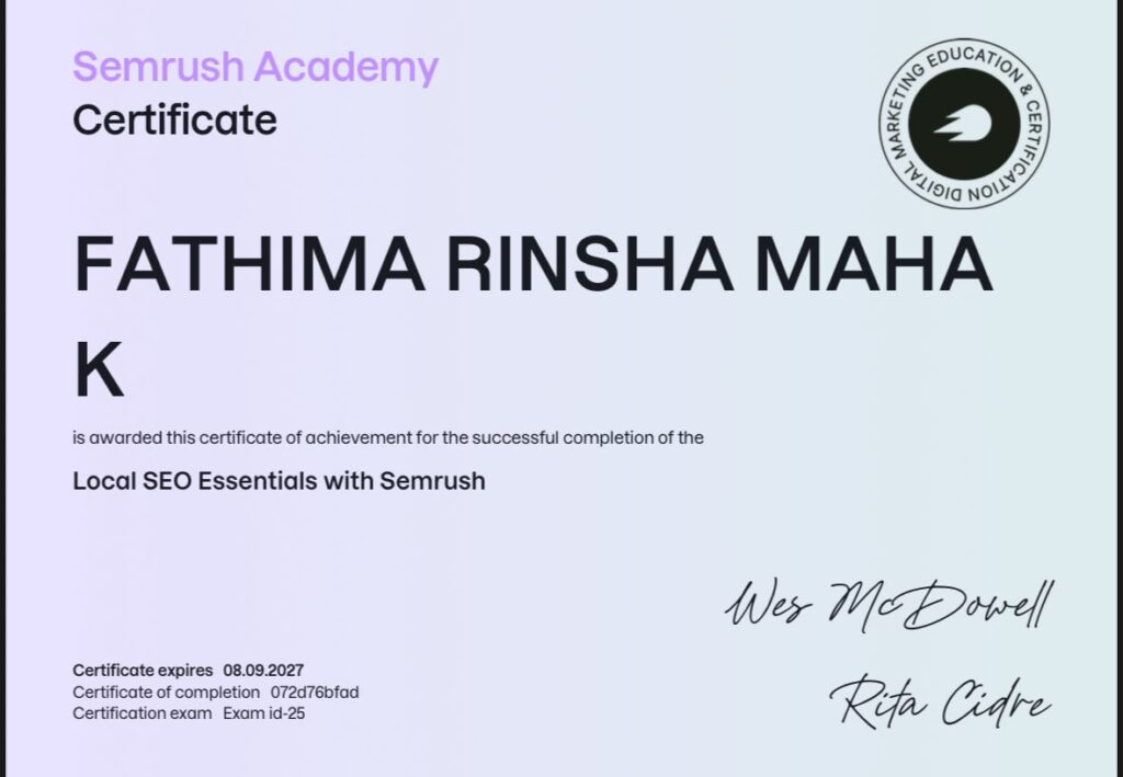 This is the certificate of fathima rinsha maha regarding semrush Academy for local SEO Essentials